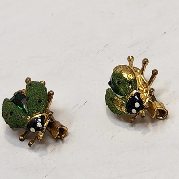 West Germany Mini Insect Bug Pin Lapel Pin Set of 2 Hand Painted Green Crystal - Picture 2 of 6